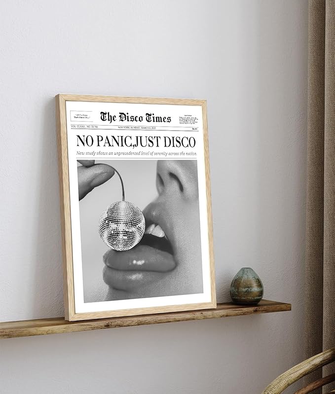 Bwodke OAK Wood Framed Wall Art No Panic Just Disco Canvas Art Vintage Newspaper Headline Pictures Wall Decor Trendy Cherry Disco Ball Prints for Girly Dorm Bedroom 12"x16"