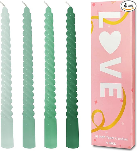 Green Taper Candles, 4 Pack Green Spiral Twisted Candle, Unscented Taper Candlesticks 10 inch, Candles for Valentines Day Home Decor Wedding Decorations