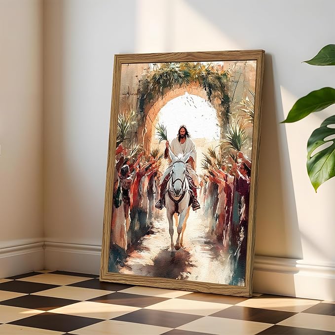 Jesus Triumph Wall Art Spiritual Jesus Palm Sunday Wall Decor Painting Christian Triumphal Religious Artwork 3D Textured Hand Drawn Sandstone for Bedroom Living Prayer Room 16x24 inch Wood Framed