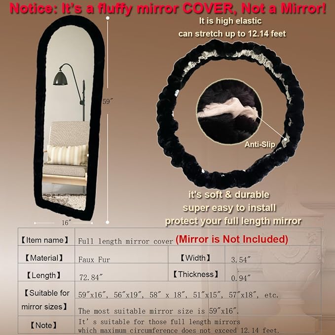 Fluffy Mirror Cover - 59"x16" Full Length Ultra Soft Non-Slip Cover Universal Stretch Cover Warm Home Decor for Bedroom Cloakroom (Black-Without Mirror)