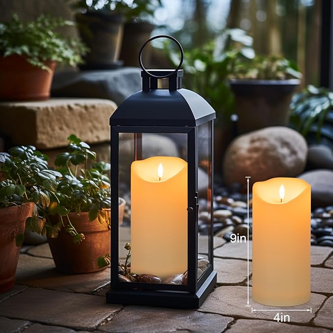 Large Flickering Flameless Candles with Remote, 4"x 9"Battery Operated Candles with Timer, Ivory Fake LED Pillar Candles for Outdoor Lanterns Porch, Set of 2