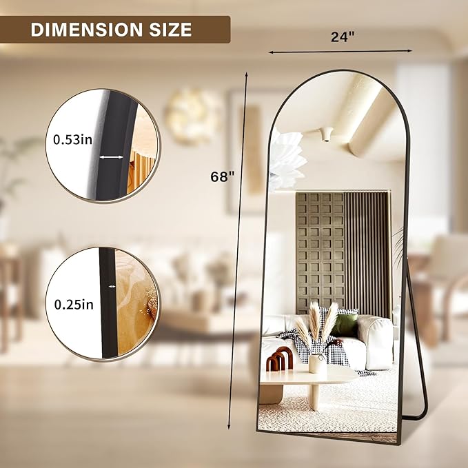 XRAMFY 24x68 Arched Full Length Mirror Floor Mirrors with Aluminum Alloy Frame Free-Standing Wall Mounted Floor Mirrors or Large Dressing Mirror, Black Mirror Full Length
