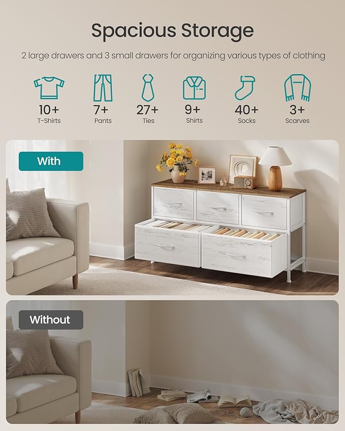 SONGMICS BELLAH Collection - Dresser for Bedroom, Chest of Drawers, Storage Organizer Unit, Closet, Entryway, Steel, 5 Drawers, Farmhouse, Rustic White and Honey Brown ULGS322WJ02S