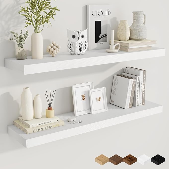 Fun Memories 40 Inch White Floating Shelves, 9.3 Inch Deep Wall Shelves for Living Room|Bedroom|Kitchen, Rusitc Wall Mounted Bathroom Shelves 2 Pack, Heavy-Duty Deep Shelf for Books，Decor
