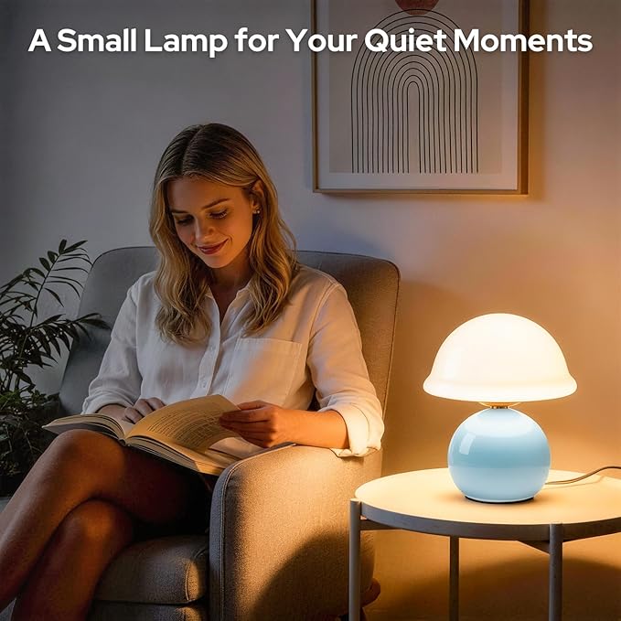 Mushroom Table Lamp for Bedroom, Cozy Bedside Lamp with Glass Shade, Stepless Dimmable Nightstand Lamp for Relaxing Bedroom Decor & Aesthetic Home (Blue)