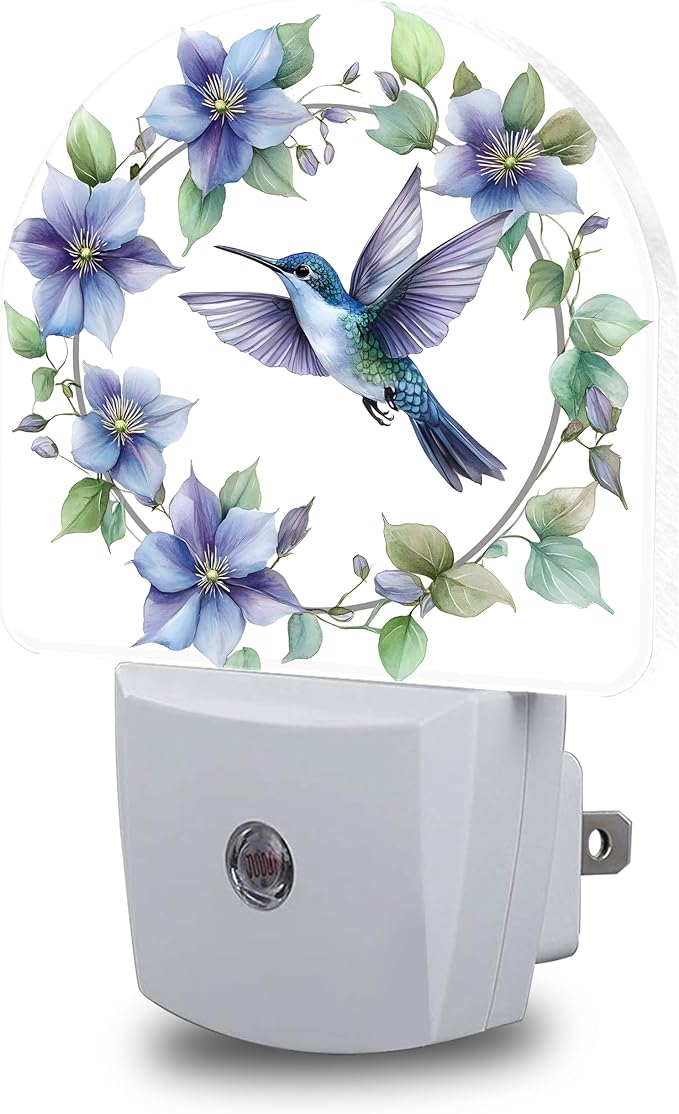 Floral Night Light, Hummingbird Wreath Night Lights Plug into Wall Dusk to Dawn Sensor Round Nightlight for Women Men Energy Efficient Led Lamp 0.5W for Stairway Hallway Bedroom