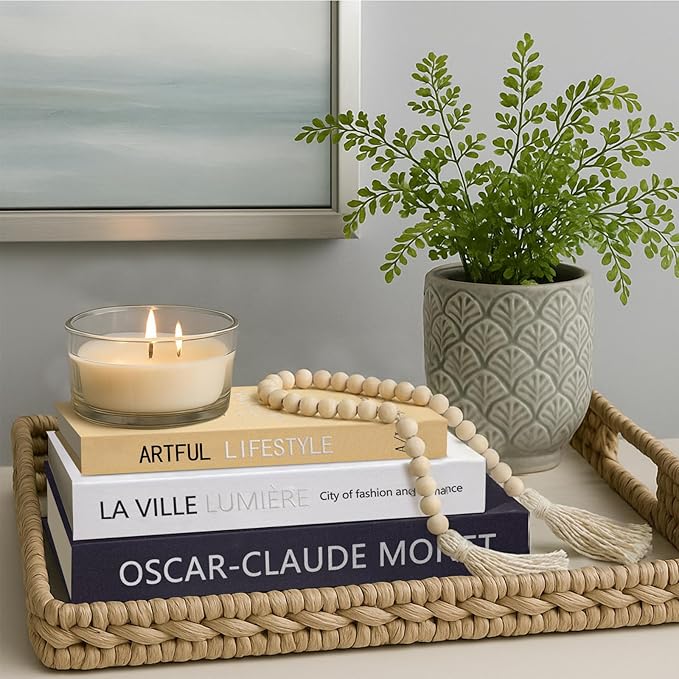 Aesthetic Decorative Books for Home Decor w. Wood Bead - Set of 3 Linen Fake Books for Decoration, Coffee Table Book Box Decor for Mantle/Bookshelf/Farmhouse/Entryway/Nightstand