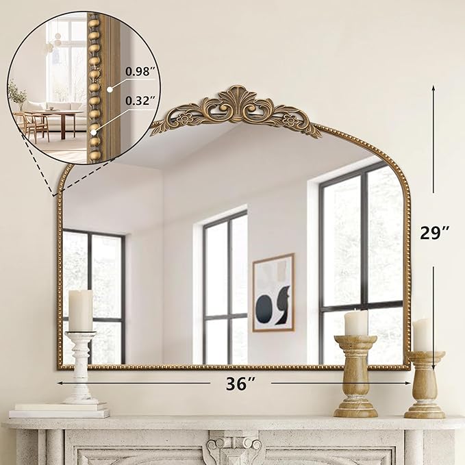 Micasso Large Antique Gold Mirror: 29"x 36" French Baroque Arched Mirror - Traditional Ornate Vintage Mirrors for Wall/Mantel/Entryway/Bathroom/Hallway - Home Decor for Living Room