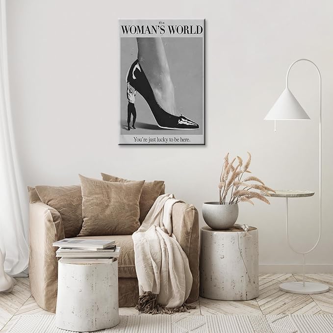 Retro This Is A Woman's World Canvas Wall Art Black And White Feminist poster Modern Hot Girls Aesthetic Prints Trendy Black High Heels Wall Decor For Bedroom Bathroom Dorm 12x16in Wrapped Canvas