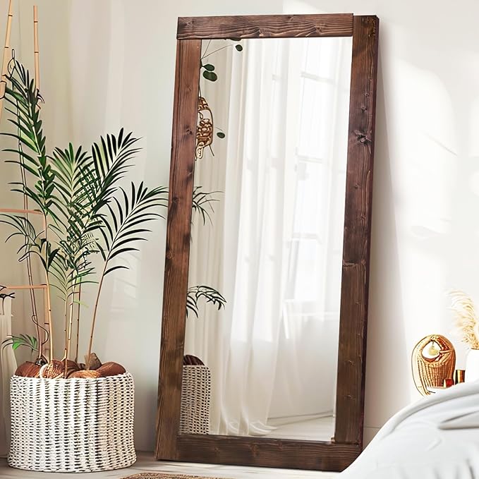Full Length Mirror 71"x32" – Solid Wood Frame, HD Tempered Glass, Wall Mounted & Leaning, Rustic Modern Decor for Bedroom, Living Room, Entryway, Brown