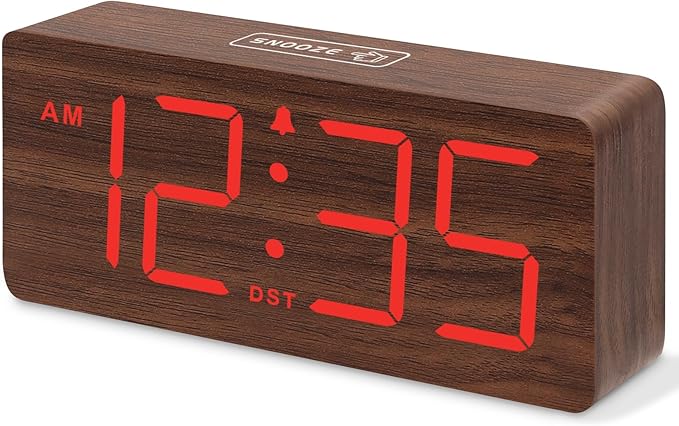 DreamSky Wooden Digital Alarm Clock for Bedroom - Desk Clocks with Large Numbers for Living Room, Office, Dimmer, Loud Alarm for Heavy Sleepers with Volume Control, DST, Wood Decor (Plug in Clock)