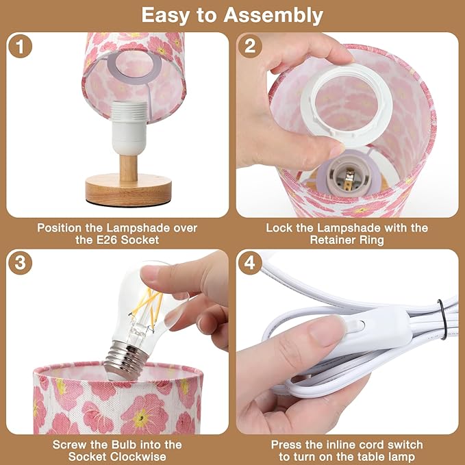Fenmzee Cherry Table Lamp for Bedroom - Inline Control, Small Bedside Lamp with 3000K A15 LED Blub, Easy Assembly (Cherry Cream Shade, 9" Inline Control)