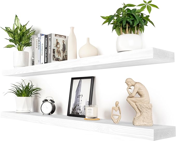 60 inch White Floating Shelves for Wall 8 -inch deep Set of 2, Heavy Duty Solid Wood Wall Mounted Shelves for Living Room Kitchen with Thickened Hidden Bracket