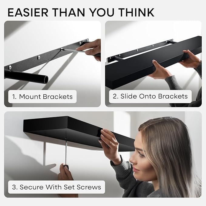 Homeforia Black Floating Shelf 20 inch, High End Solid Real Wood 20inch Bathroom Floating Shelves for Wall Mounted, Black Wooden 20in Floating Shelves, Heavy Duty Bracket, 20 X 6.5 X 1.75 in, Set of 2