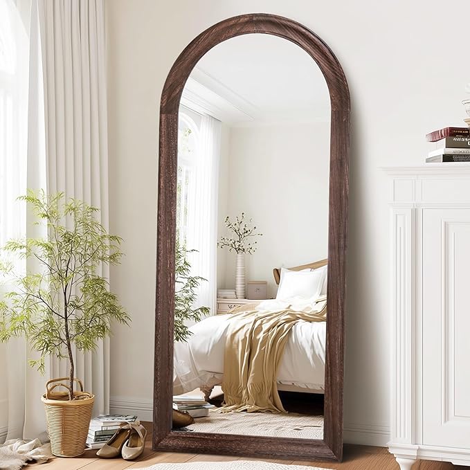 Arched Full Length Mirror 71"x32" - Rustic Brown Solid Wood Wall Mirror, Oversized Leaning or Mounted Design for Bedroom, Entryway, Living Room Décor