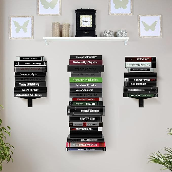 Floating Book Shelves for Wall, 8 Tier Invisible Floating Bookshelf, Vertical Spine Book Tower, Wall Mounted & Space Saving, Heavy Duty Metal Book Organizer for Home Office, 4 Pack Black