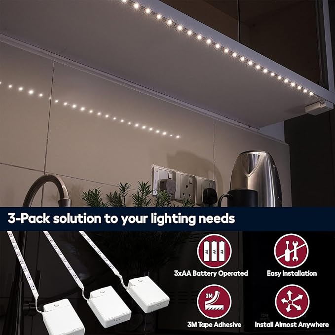 BestLuz Battery Powered LED Strip Lights, Wireless LED Strip Lights 40 inch x 3 Pack for Kitchen Under Cabinet Lighting, Shelves, Under Counter, Closet, Cordless Click Light, Neutral White 4000K