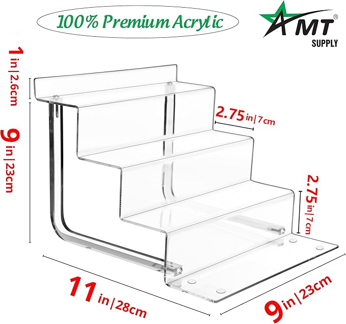 AMT Acrylic Riser Display Stand, 100% Acrylic Clear 4-Tier Organizer for Figures, Cupcake, Perfume, Sunglasses (9 inch x 2.75 inch) 1-pack