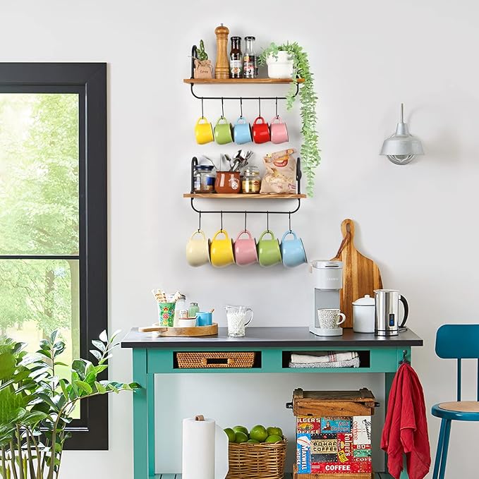 Olakee Floating Wall Shelves for Kitchen Bathroom Coffee Nook with 10 Adjustable Hooks for Coffee Mugs, Coffee Bar Organizer and Decor, Rustic Storage Shelves Set of 2