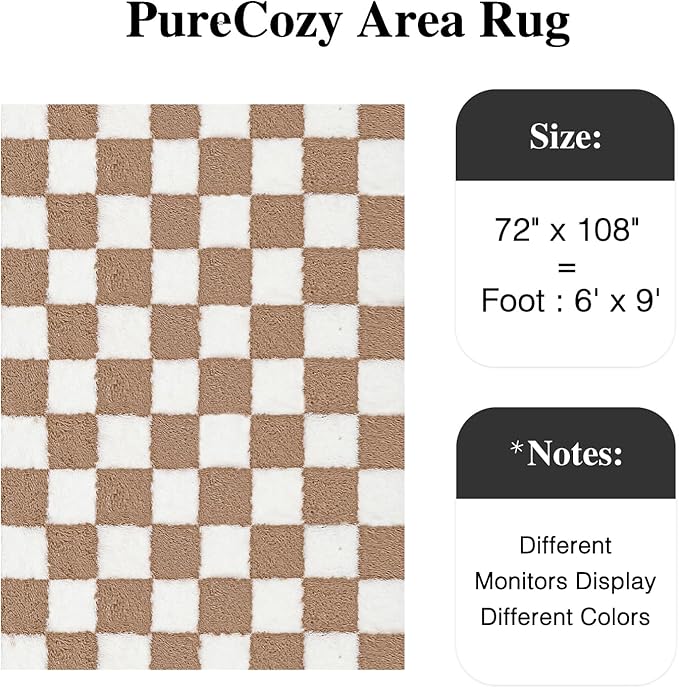 PureCozy Checkered Rug 6x9 for Living Room, Brown and White Modern Shag Rugs Super Soft Washable Indoor Office Fuzzy Carpet Non-Slip Fluffy Rugs for Bedroom Home Aesthetic Decor