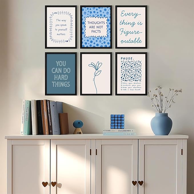 Mental Health Wall Decor Therapy Office Canvas Wall Art Posters Blue Boho Motivational Picture Psychology Artwork Inspirational Positive Quotes Prints for Counseling Office 12x16 Inch Wood Framed 6Pcs