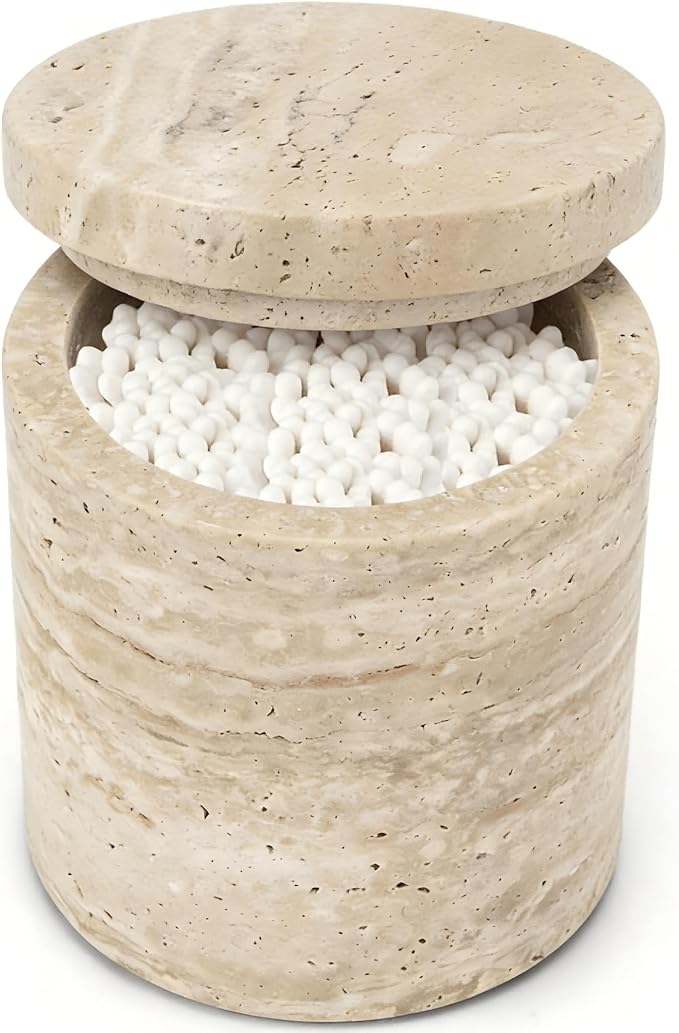 Natural Marble Storage Round Containers Cotton Swab Holder, Organizers with Lids,Travertine Stone Box for Qtips, Makeup, Bathroom Essentials & Home Storage (round box)