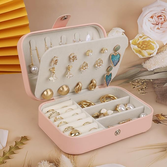 OceeK Travel Jewelry Box,Travel Jewelry Case for Girls Women Mothers, Travel Jewelry Organizer Case, PU Leather Pink,1 Pack