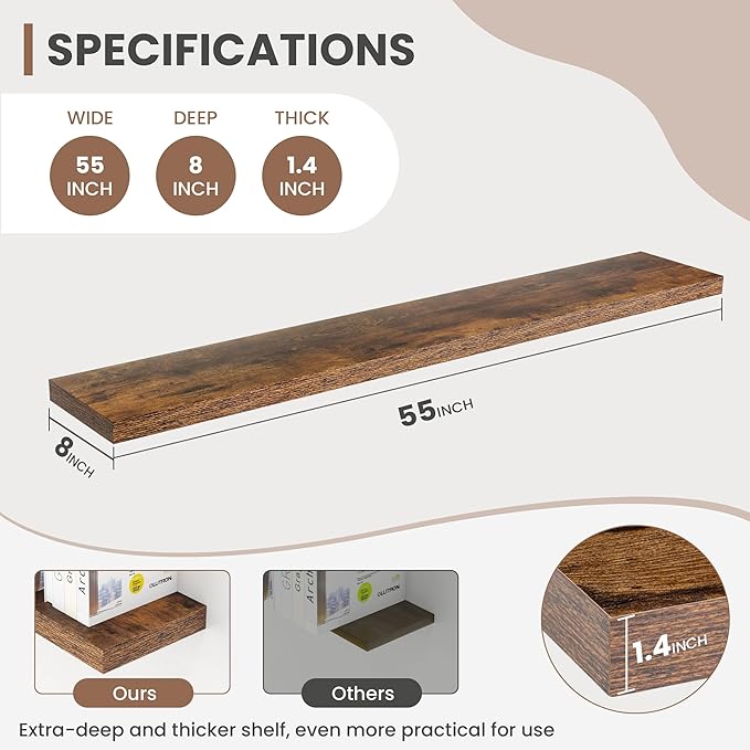 Acovy 55 Inch Floating Shelves, 8 Inch Deep Floating Shelves for Wall, Hanging Shelf with Invisible Brackets, Deep Shelves for Bathroom, Bedroom, Living Room, Brown, Set of 2