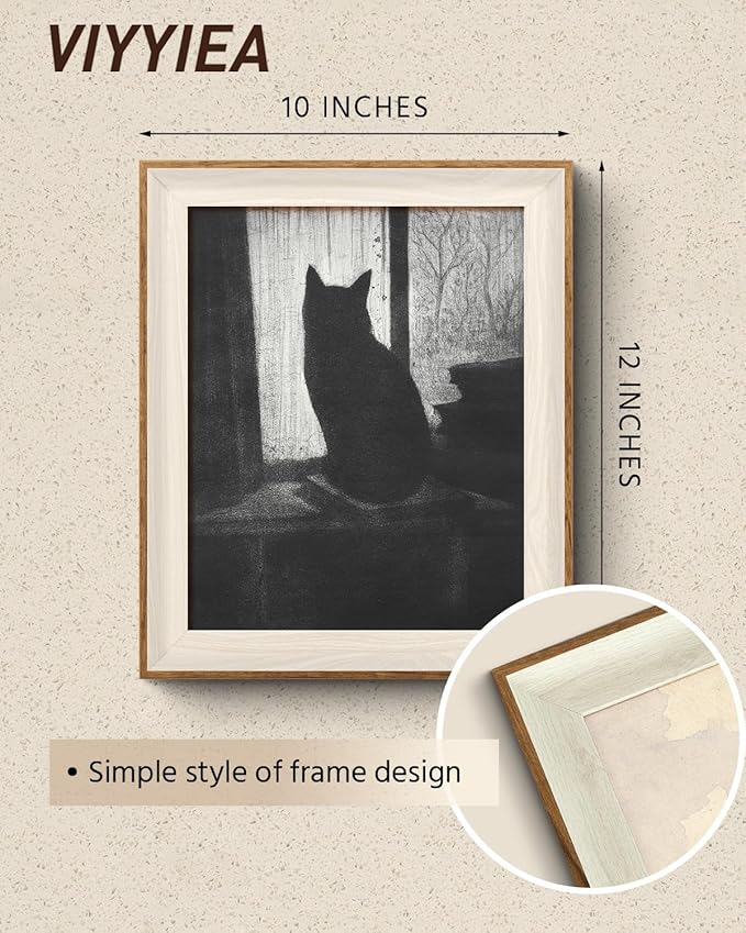 VIYYIEA Framed Wall Art for Living Room, Black Cat Canvas Prints, Vintage Home Decor, Animals Painting Picture, Bathroom Wall Decor Gifts for Friends or Family -【Lonely Cat】-(12L x 10W)