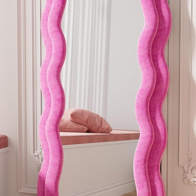 Rowjut Full Length Mirorr, 63"x24" Mirrors Full Length, Irregular Wavy/Wall Mounted/Standing Floor Mirror with Flannel, Body Mirorr Hanging or Leaning Against Wall for Bedroom (Pink)