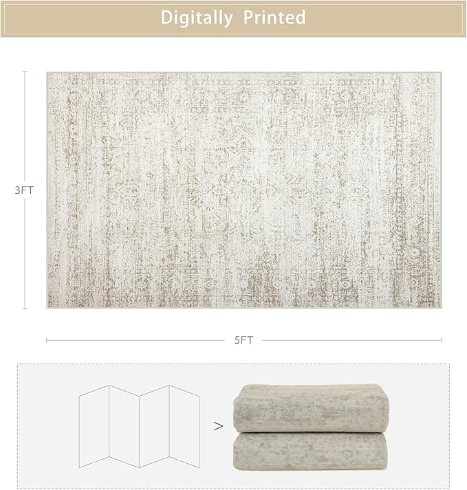 Srugn Washable Rugs 3x5 Area Rugs for Living Room,Bedroom- Non Slip Vintage Entryway Rug for Indoor Entry,Kitchen,Bathroom,Kids Girls Room,Home,Office,Ultra Soft Faux Wool Laundry Room Small Carpets