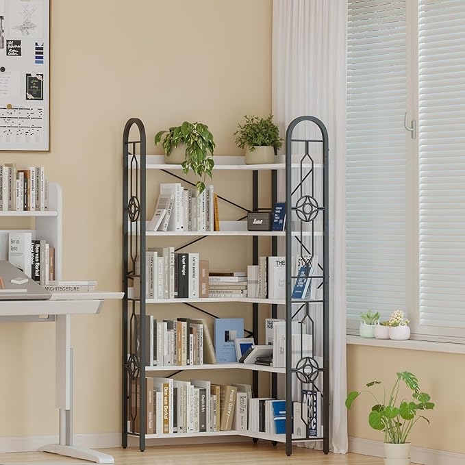 72" Corner Bookshelf, 5-Tier Tall Industrial Book Shelf, L-Shaped Bookcase with Metal Frame and Wood Laminate Shelves，Storage Display Shelving Unit for Living Room,Home Office