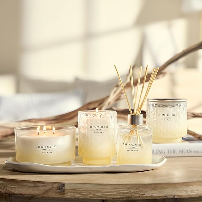 Chesapeake Bay, 11oz Golden Waves Scented Candle, Mood Evoking Fragrance, Textured Sea Glass-Inspired Jar, Premium Soy Blend Wax with Essential Oils, Coastal Fragrance for Home Décor or Gifting