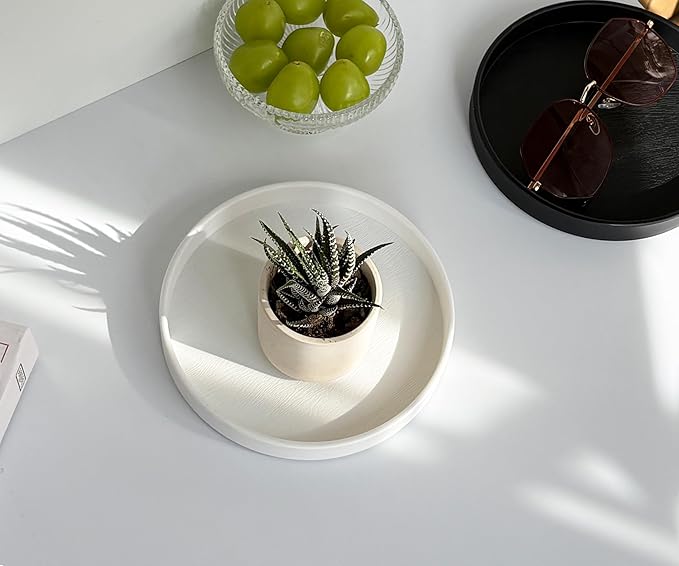 White Round Small Tray (6.5 inch) for Bathroom & Kitchen Decor - Decorative Vanity Tray, Coffee Table Tray, Countertop Organizer for Perfume, Soap, Jewelry - Sturdy Plastic Serving Tray
