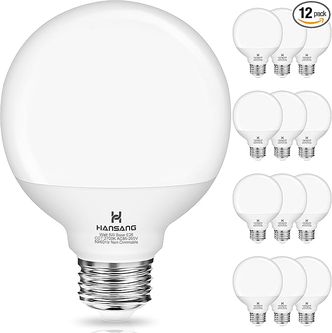 hansang 12 Pack Vanity Light Bulbs for Bathroom, 2700K Warm White E26 Base Round LED Globe Bulb, 60W Equivalent, G25 Vanity Light Bulb for Makeup Mirror Bedroom 120V, CRI85+, 500LM, Non-dimmable