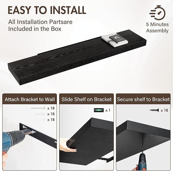 Acovy 55 Inch Floating Shelves, 12" Deep Floating Shelf Wall Mounted, 55" Wall Shelves, Rustic Deep Bookshelf, Extra Deeper & Thicker Display Shelves for Bedroom, Living Room, Black, Set of 2