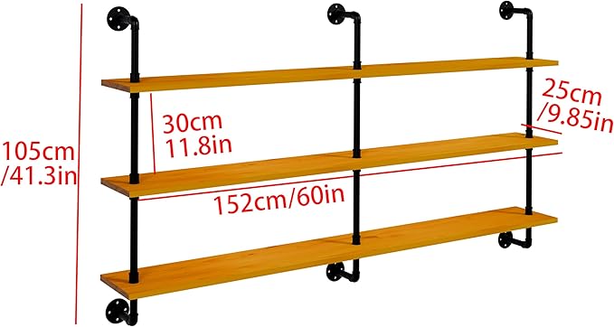 HDDFER Industrial Pipe Wall Shelves - 60" Rustic Natural Oak Solid Wood, 9.85" Deep Floating Shelving for Farmhouse Rustic Decor, Sturdy Storage for Books/Plants/Toiletries