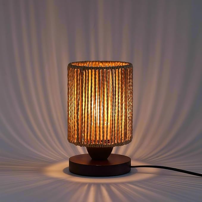 Small Rattan Table Lamp for Bedroom, Boho Bedside Lamp with Warm LED Bulb, Handwoven Wicker Nightstand Lamp for Nursery, Entryway & Dorm, Mini Ambient Night Light with Wood Base (8.6" Tall)