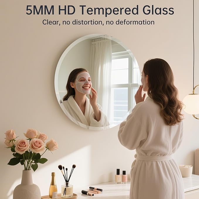 Frameless Round Mirror 28 Inch, Round Mirror with 1 inch Beveled Edge, Beveled Bathroom Mirrors for Vanity, Living Room, Entryways