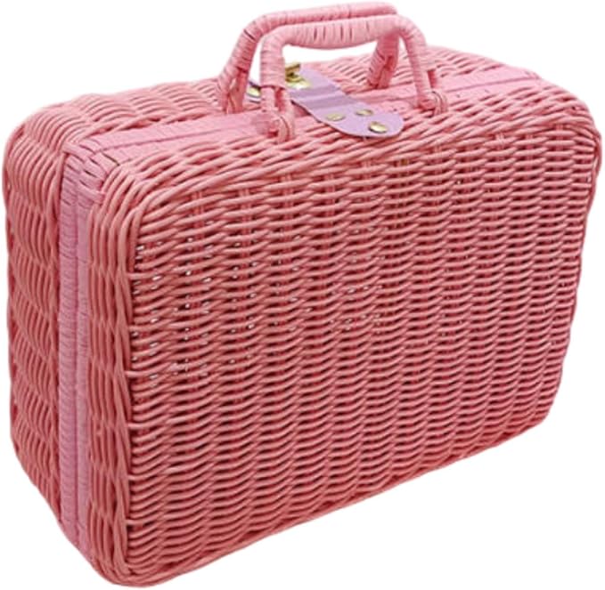 Woven Suitcase Imitation Rattan Storage Basket Portable Photo Prop Makeup Case Picnic Basket for Tabletop Bathroom Household, Pink XL