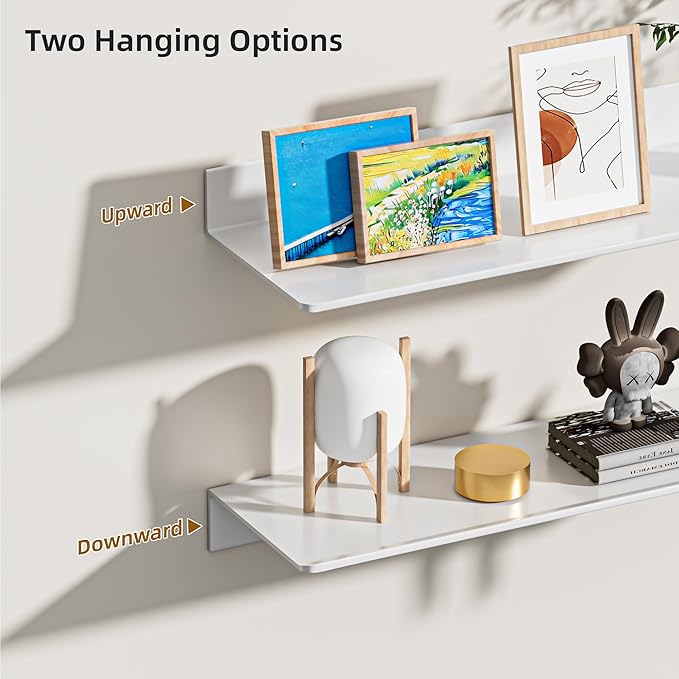 HNVNER Glossy White Metal Floating Shelf 2-Piece Set, Adhesive Wall Shelves in Thickened Aluminium Wall Mounted Shower Caddy, Ideal for Display & Storage in Living Room, Bedroom, Bathroom (11.7")
