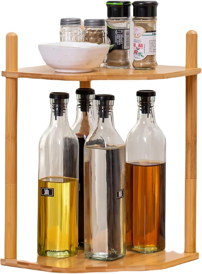 2-Tier Expandable Bamboo Corner Shelf - Dish/Plate Organizer for Cabinet, Kitchen Counter Shelf & Small Kitchen Shelf, Adjustable (1, Natural, 11.4" H)