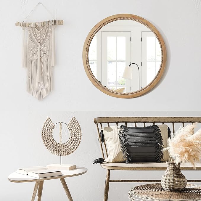 sawsile Round Wood Mirror,32 inch Circle Rustic Farmhouse Natural Wooden Frame Boho Beads Wall Mirror for Bathroom,Living Room,Bedroom or Entryway