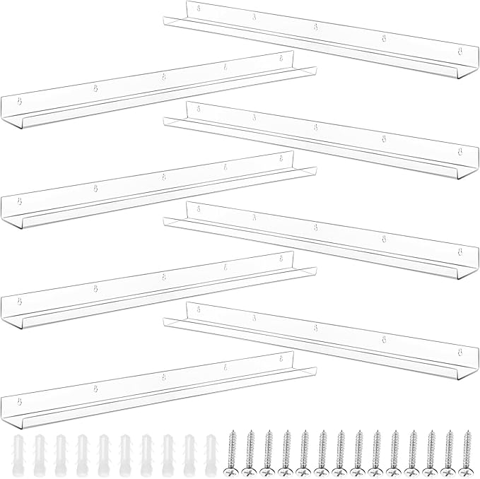 Wesiti 8 Pack Acrylic Floating Shelf 36 Inch Clear Book Display Shelves with Mounting Kit Invisible Floating Wall Ledge Transparent Wall Mounted Bookshelf for Kids Nursery Organizer Storage Decoration