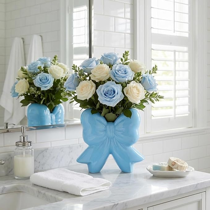 Jingmore Bow Vase Coquette Ceramic Vase Pen Holder Makeup Brush Holder Contemporary Design Decorative Women Gift for Christmas Home Office Shelf Table Room(Blue,Small,Classic)