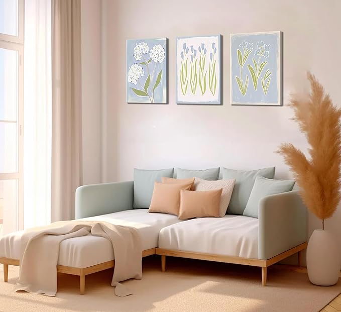 3Pcs Blue Green Tulip Hydrangea Flower Canvas Wall Art Flowers Plant Aesthetics Painting Picture Decor Elegant Preppy Poster Print Artwork for Living Room Gallery Bedroom Dorm Home Decoration