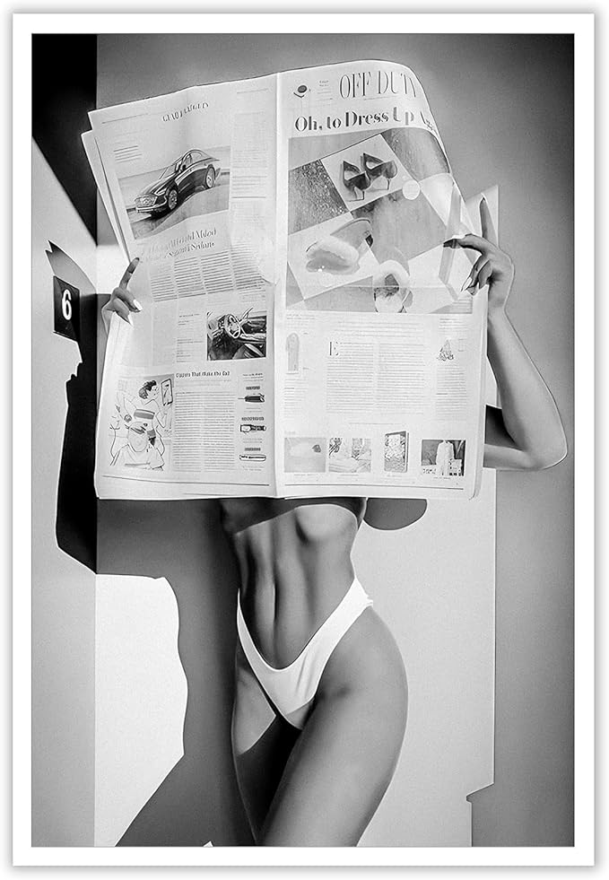 Sexy Glamorous Newspaper Reader Poster Feminist Hot Girls Canvas Wall Art Retro Black And White Room Aesthetic Women Prints Painting For Home Bedroom Dorm Wall Decor 8x12in Unframed