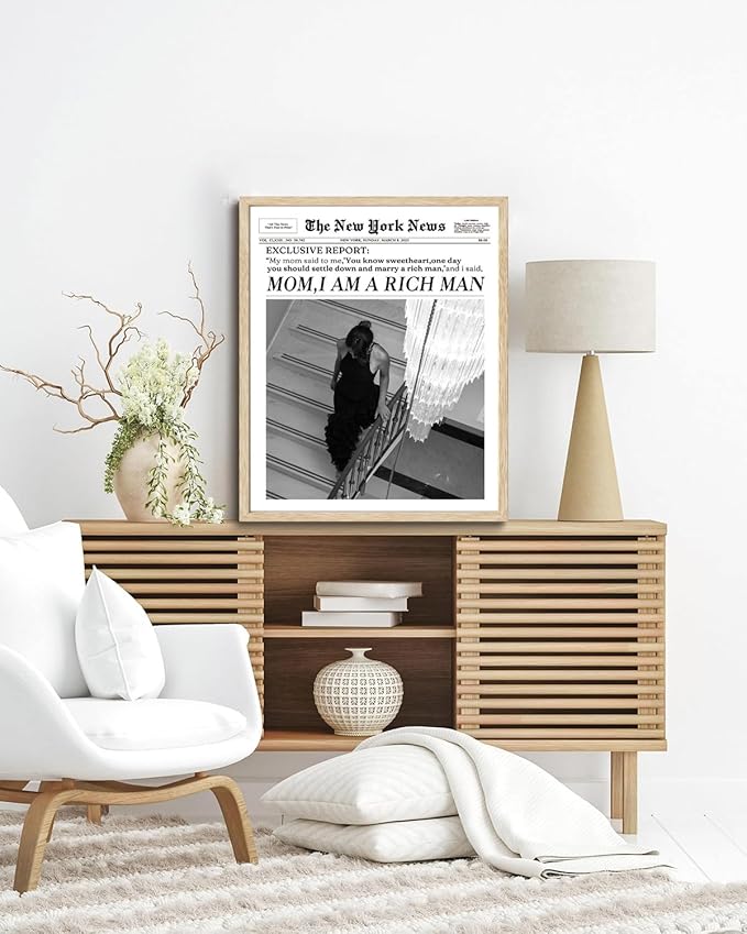 Bwodke OAK Wood Framed Wall Art Mom I Am a Rich Man Canvas Art Trendy Newspaper Pictures Independent Women Wall Decor Vintage Magazine Prints Funky Girl Artwork for Girly Dorm Bedroom 16"x20"