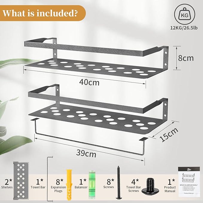 Uten Floating Shelves, Wall Mounted Iron Shelves Set of 2, Bathroom Storage Iron Shelves with Towel Rack, Wall Hanging Organizer Decor Shelf for Bathroom, Kitchen, Bedroom, Living Room