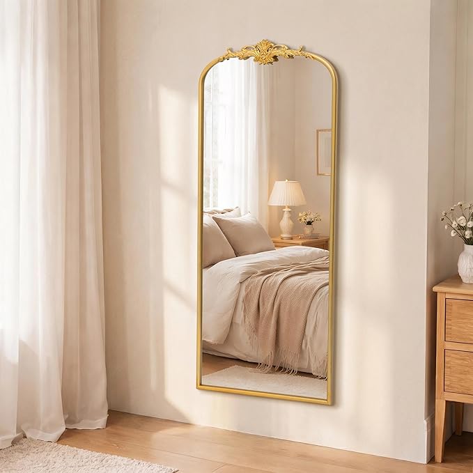 Besdomus Antique Full Length Mirror: 21"x56" French Gleaming Gold Arched Full Body Mirror - Floor Vintage Baroque Traditional Ornate for Entryway/Cloakroom/Bedroom - Home Decor for Interior Designers